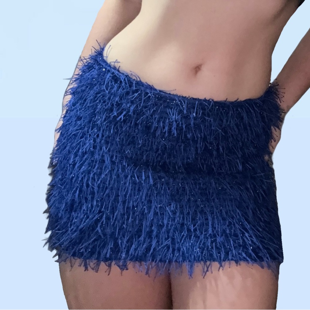 ELECTRIC BLUE TINSEL FRINGE MINI SKIRT